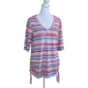 Democracy Pink Blue White Stripes Knit Top Sz L Short Sleeves Drawstring Sides
